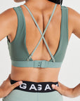 WOMENS A-GAME LAYERED SPORTS BRA - MINT GREEN/DARK GREEN